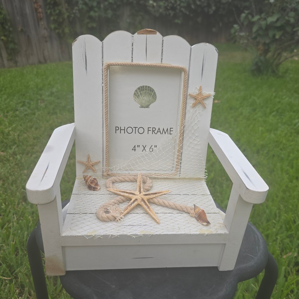 Nautical Adirondack Chair Photo Frame White Wood Beach Decor Starfish Shells 4x6